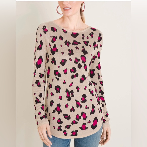 Chico’s Pink Animal Print Bateau Neck Sweater-Size 2 - Picture 1 of 11